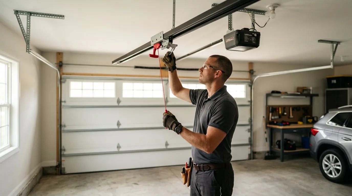 Garage door technician repairing a residential garage door in Coppell Texas