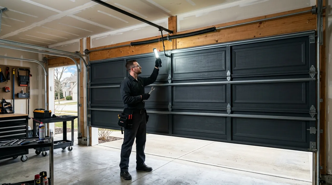 Garage door technician inspecting springs rollers tracks and opener in Coppell Texas